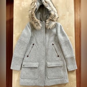 J CREW chateau parka Italian stadium cloth, wool coat, size 0, some stains